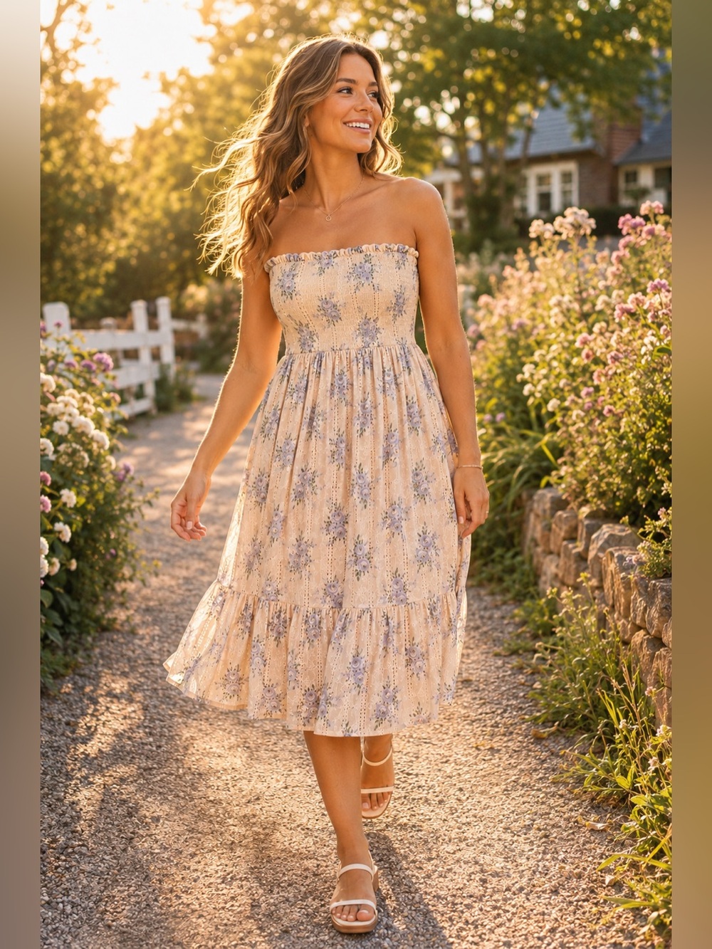 Storia Floral Strapless Smocked Midi Dress Cottagecore XL, fits like L